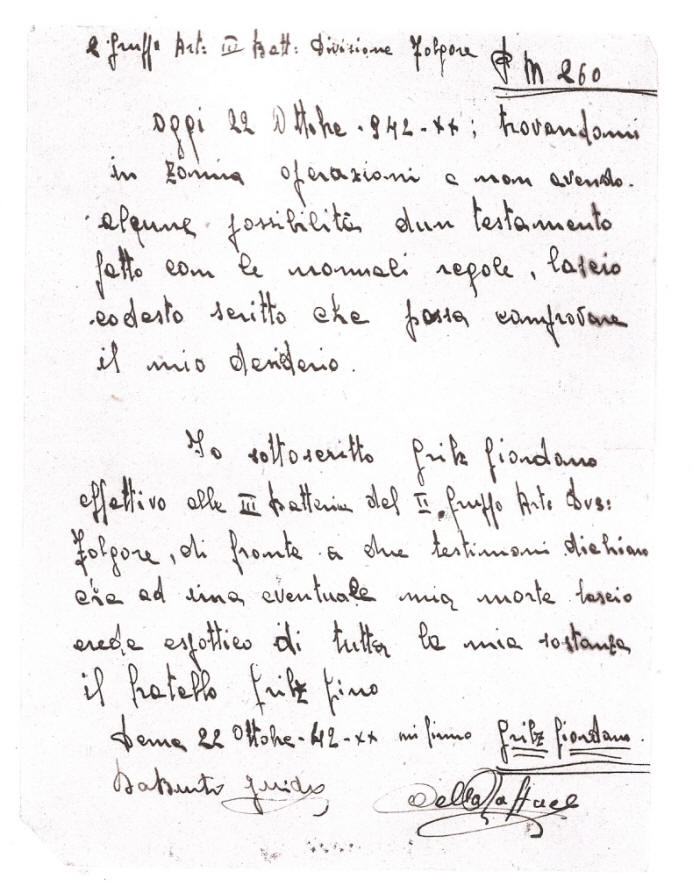 Il testamento del par. Grilz Giordano 22 ottobre 1942 - El Alamein
